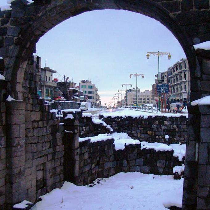 An arch of the ruin of a Roman church in winter 2012. Photo: Talal Atrash An arch of the ruin of a Roman church in winter 2012