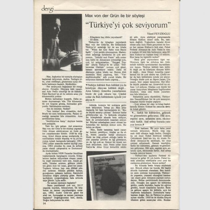 dergi/Die Zeitschrift #1, 1986, S. 14. Privatarchiv Mevlüt Âsar. Vorlass Âsar wird z.Z. im Transnationalen Literaturarchiv erfasst. dergi/Die Zeitschrift