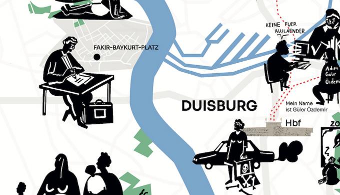 Agentur Ausländerrauş: Akkordarbeit im halbverbrannten Wald, Ausstellung „Geister, Spuren, Echos: Arbeiten in Schichten“, Akademie der Künste der Welt, Köln 2021. Illustration von Irem Kurt