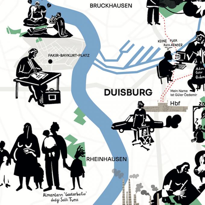Agentur Ausländerrauş: Akkordarbeit im halbverbrannten Wald, Ausstellung „Geister, Spuren, Echos: Arbeiten in Schichten“, Akademie der Künste der Welt, Köln 2021. Illustration von Irem Kurt